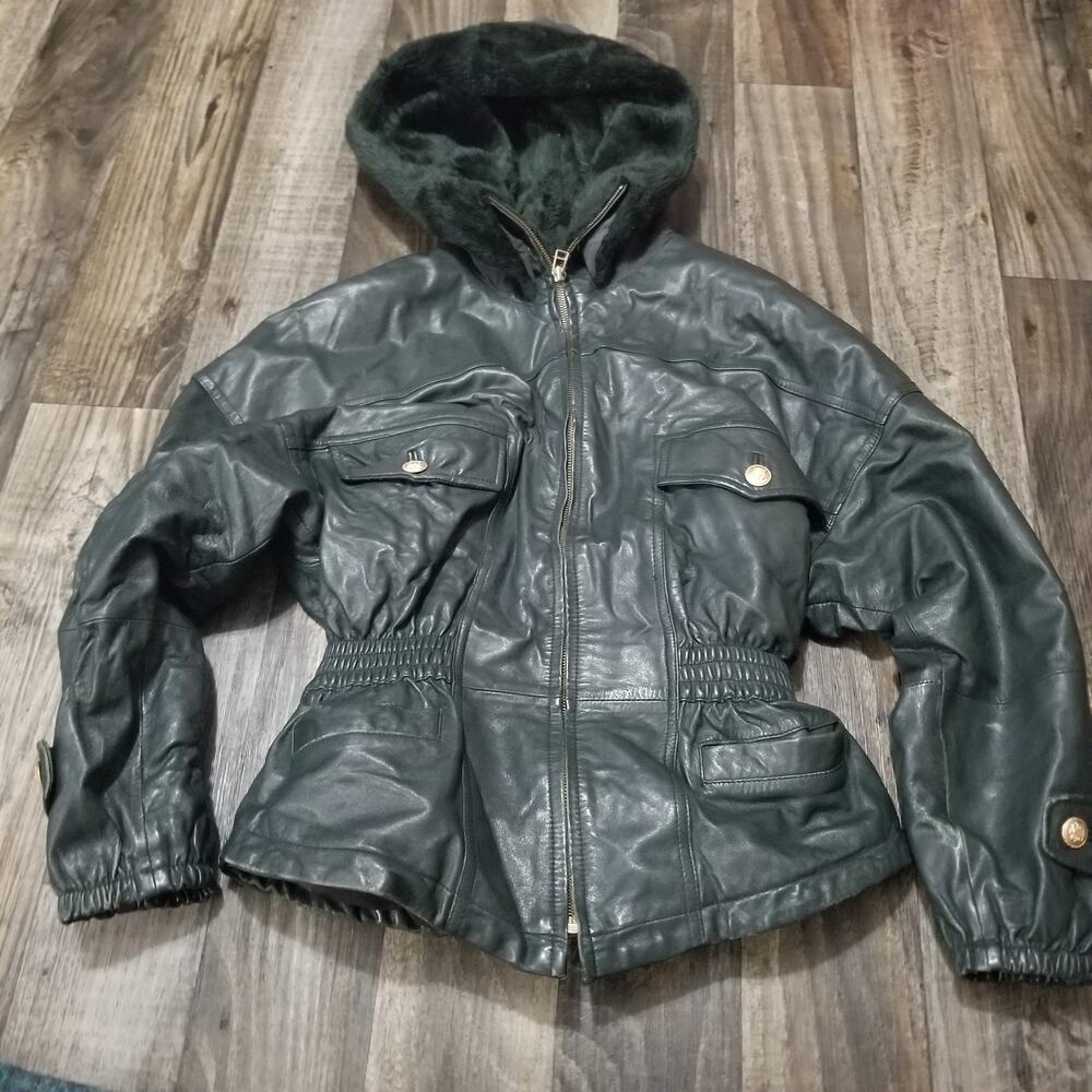 Express Green Leather Coat Jacket Hoodie Vintage 90s Y2K Size Medium